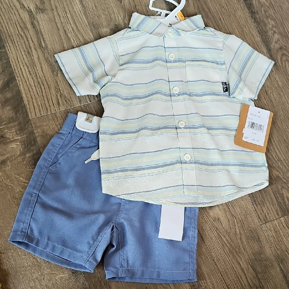 NWT Eddie Bauer Short Set BOY toddler Striped Shirt Blue Yellow 12 Month
